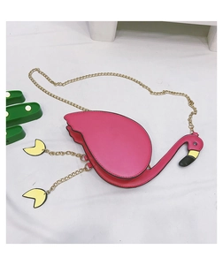 Close-up of pink flamingo creative handbag with golden metal chain strap and PU leather