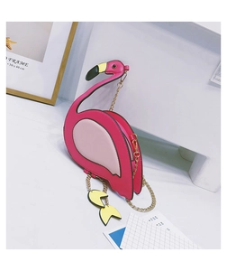Top-down view of a pink flamingo-shaped PU leather crossbody bag with golden chain