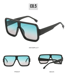 Three-way view of oversized square sunglasses with gradient blue to pink lenses