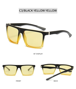 Multiple views of square frame sunglasses with black yellow gradient and tinted lenses