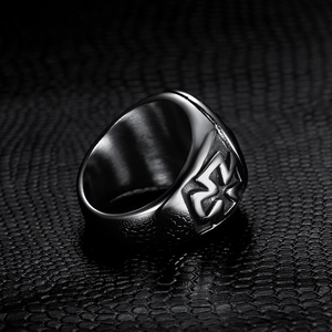 Men's vintage stainless steel cross ring with punk embossed totem on black leather texture