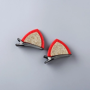 Cute red sequined cat ear hair clips for girls featuring shiny gold glitter finish