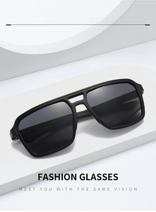 Detail of square frame sunglasses with double bridge design on minimalist display