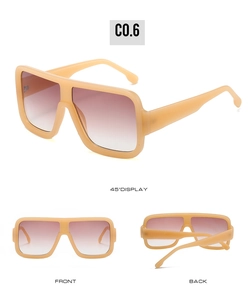 Three-way view of oversized beige square sunglasses with brown gradient lenses