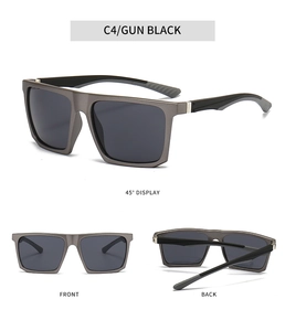 Detailed views of Gun Black square frame sunglasses featuring textured anti-slip temples
