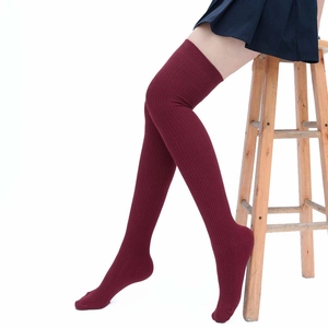 Thigh high ribbed knit burgundy yoga socks for women in minimalist style for winter