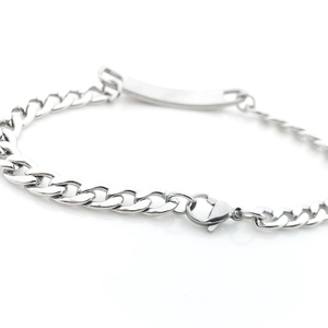 Polished stainless steel Cuban link ID bracelet with blank engraving plate and lobster clasp