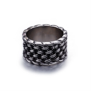 Retro titanium steel wide band ring with woven texture in a vintage silver finish