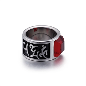 Men's titanium steel ring with red gemstone and engraved Buddhist mantras in silver finish