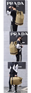 Detail of khaki canvas drawstring backpack with Always With You print for travel