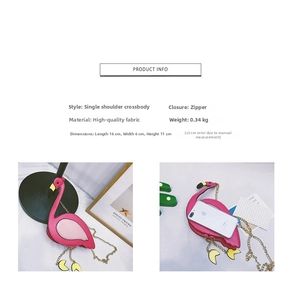 Pink flamingo shoulder bag dimensions 16x6x11cm with chain strap and phone size comparison