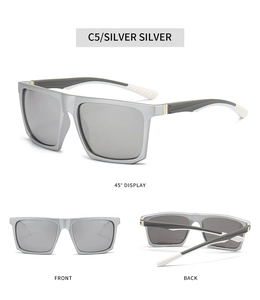 Detailed multi-angle view of square matte silver sunglasses with sporty white temples