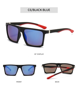 Three-view layout of square black sunglasses with blue reflective lenses and red rubber tips