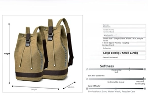 Detailed dimension chart for canvas duffel backpack in large and small sizes