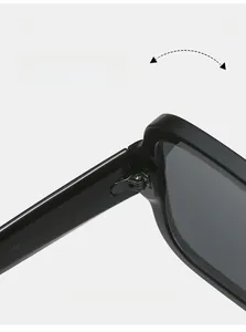 Detail of durable metal hinges and size specs on oversized square black sunglasses