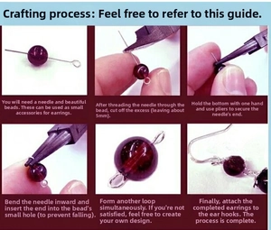 DIY jewelry tutorial steps for assembling purple beads with silver headpins and hooks