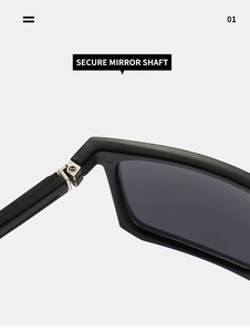 Detail of secure metal hinge and matte black frame on square trendy sunglasses