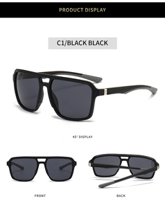 Multiple views of square frame black aviator sunglasses with double bridge for outdoor sports
