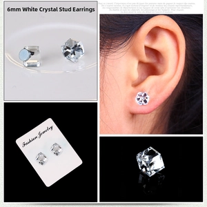 Detail of 6mm white crystal magnetic earrings on display card with model shot