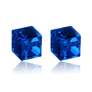 Pair of blue cubic crystal magnetic earrings with multi-faceted cut and deep luster