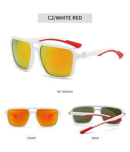 Detailed views of white square frame sports sunglasses with orange mirrored lenses and red tips