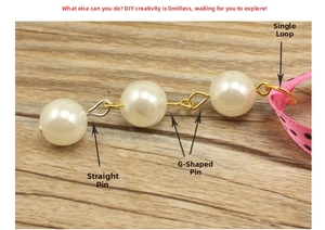 Detail showing gold T-pins and 9-pins connecting pearls with a pink polka dot ribbon