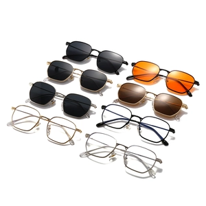 Set of retro square metal sunglasses with various lens colors on a white background