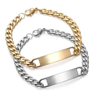 Customizable stainless steel Cuban link ID bracelets in polished gold and silver finishes