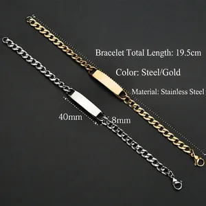 Stainless steel curb chain ID bracelets in silver and gold tones with curved plate detail