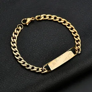 Gold stainless steel Cuban link ID bracelet with engravable polished plate for men