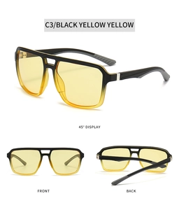 Detail view of square black yellow gradient sunglasses with yellow lenses for driving