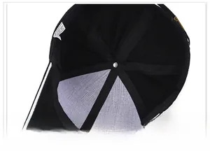 Detail of internal six-panel construction and 100% cotton stitching on black baseball cap