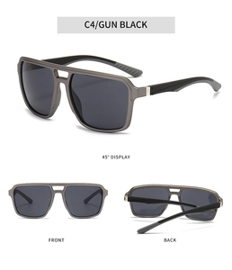 Three-angle view of gun black square metal frame sunglasses with double bridge