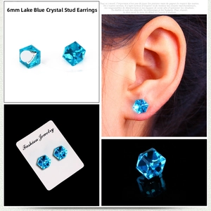 Detailed view of 6mm lake blue square crystal magnetic studs for non-pierced ears
