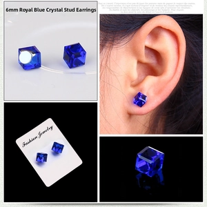 Detailed macro view of 6mm royal blue square crystal magnetic stud earrings