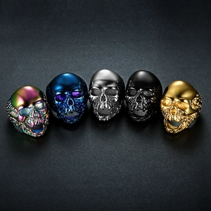 Gothic stainless steel skull rings set in rainbow, blue, silver, black, and gold finishes
