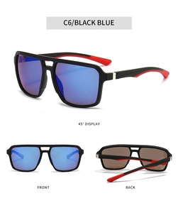Detail view of square sports sunglasses with matte black frame and blue mirrored lenses