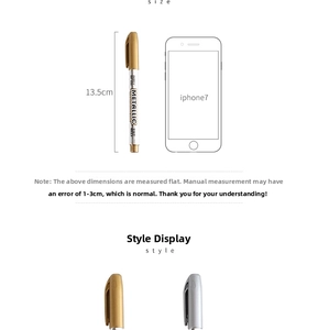Detailed size comparison of 13.5cm metallic gold and silver markers with dimensions