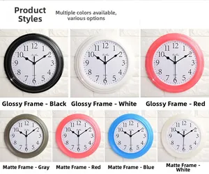 Collage of 9-inch silent wall clocks in various colors with glossy and matte frames