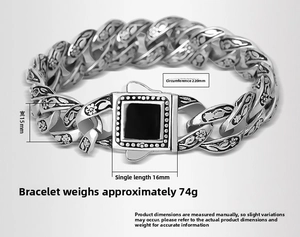 Macro detail of retro men's rose pattern steel bracelet showing dimensions and weights