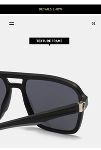 Detail view of matte black square sunglasses featuring a double bridge and metal hinges