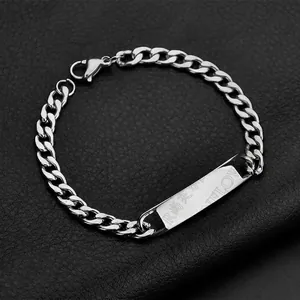 Polished stainless steel Cuban link ID bracelet with engravable rectangular plate for men