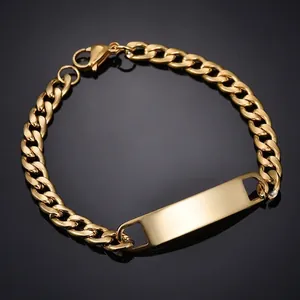 Detailed macro view of a gold-plated Cuban link bracelet with a polished engravable bar
