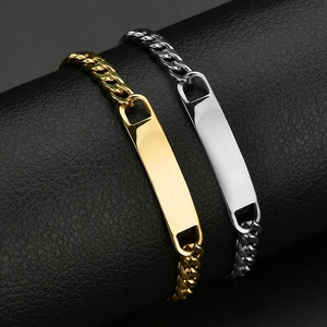 Polished stainless steel ID curb chain bracelets in gold and silver finish for engraving