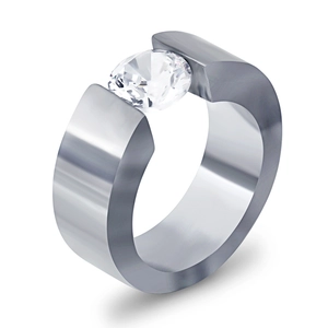 Minimalist 8mm stainless steel tension setting ring with round brilliant cut diamond