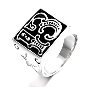 Retro punk style square signet ring in stainless steel with black enamel number 13