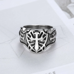 Vintage Knights Templar shield ring in silver stainless steel with cross relief detail