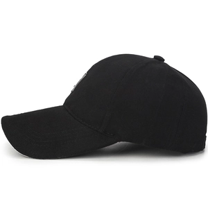 Classic black cotton baseball cap with pre-curved brim and subtle silver metal accent
