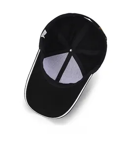 Detail view of black baseball cap interior showing six-panel crown and white trim piping