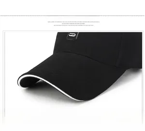 Detailed close-up of a black cotton baseball cap with white brim trim and MADE label